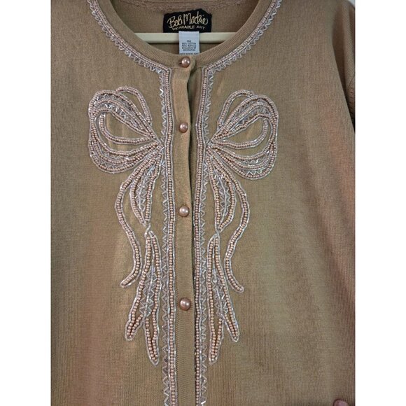 Bob Mackie Wearable Art Beaded Bow Cardigan Sz 3X Sweater Tan Coastal Grandma - Picture 2 of 10